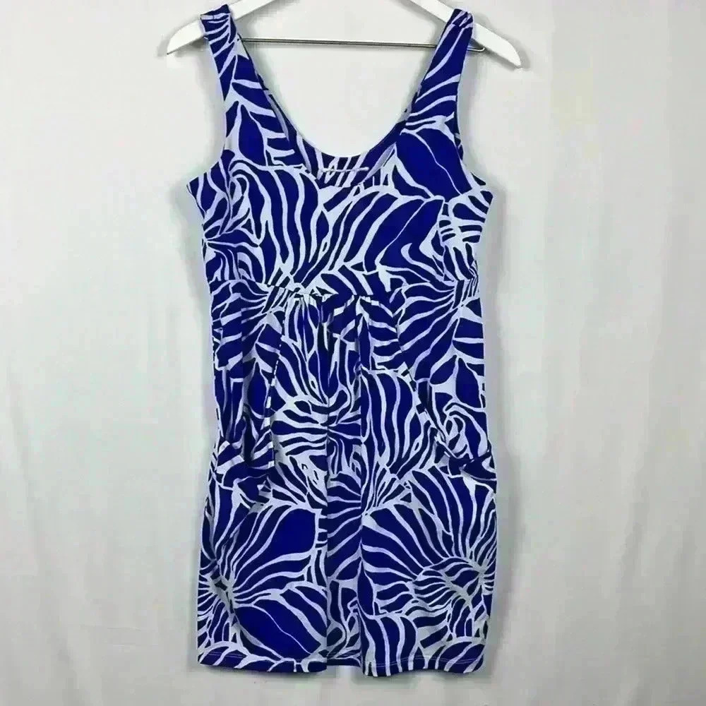Woman’s Swim Mini Dress or Cover Up S Royal Blue & White Floral Wide Strap EUC